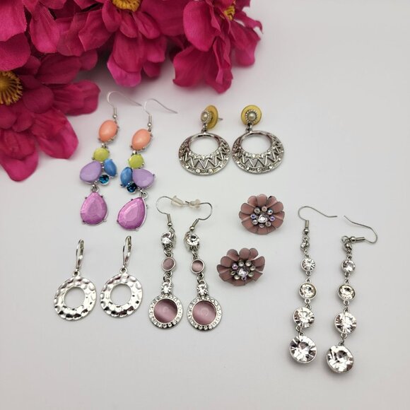 Silver Tone Colorful And Clear Crystal Pierced Earrings LOT Of 6 Pairs VTG.-MOD - Picture 8 of 11